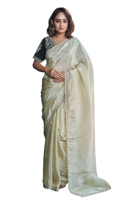 Sayisha_Beige Silk, Tissue Sequins, Beads V-neck Scallop Hem Saree With Blouse_Online_at_Aza_Fashions