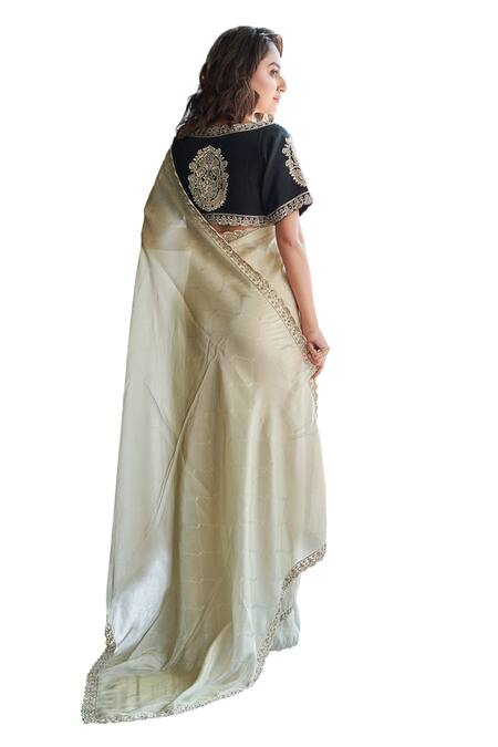 Buy_Sayisha_Beige Silk, Tissue Sequins, Beads V-neck Scallop Hem Saree With Blouse