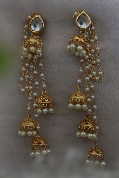 Shop_Do Taara_Gold Plated Embellished Long Jhumka Earrings _at_Aza_Fashions
