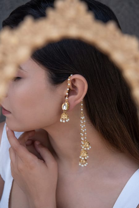 Do Taara_Gold Plated Embellished Long Jhumka Earrings _Online_at_Aza_Fashions