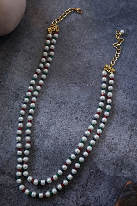 Shop Do Taara Multi Color Embellished Two-layered Necklace at Aza Fashions Shop_Do Taara_Multi Color Embellished Two-layered Necklace _at_Aza_Fashions
