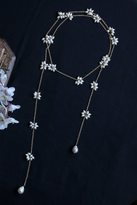 Shop Do Taara White Embellished Long Chain Necklace at Aza Fashions Shop_Do Taara_White Embellished Long Chain Necklace _at_Aza_Fashions