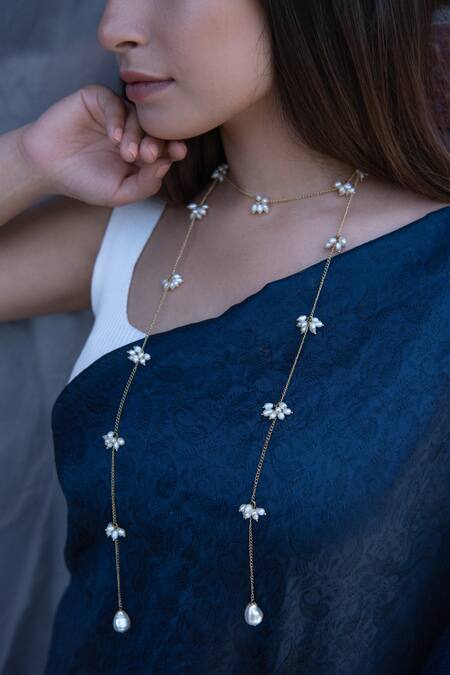 Do Taara White Embellished Long Chain Necklace Online at Aza Fashions Do Taara_White Embellished Long Chain Necklace _Online_at_Aza_Fashions