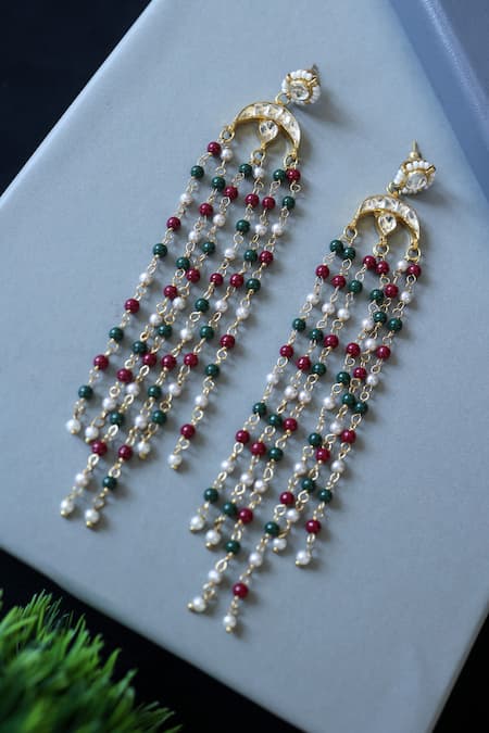 Shop Do Taara Multi Color Diamonds, Stones Embellished Long Chandbali Earrings at Aza Fashions Shop_Do Taara_Multi Color Diamonds, Stones Embellished Long Chandbali Earrings _at_Aza_Fashions