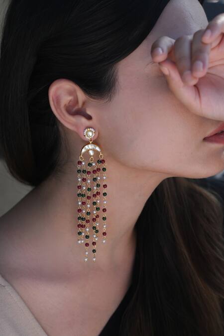 Do Taara Multi Color Diamonds, Stones Embellished Long Chandbali Earrings Online at Aza Fashions Do Taara_Multi Color Diamonds, Stones Embellished Long Chandbali Earrings _Online_at_Aza_Fashions