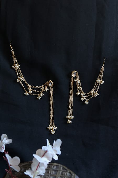 Shop_Do Taara_Gold Plated Pearls Embellished Long Earrings _at_Aza_Fashions