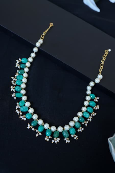 Shop_Do Taara_Green Pearls Embellished Necklace _at_Aza_Fashions