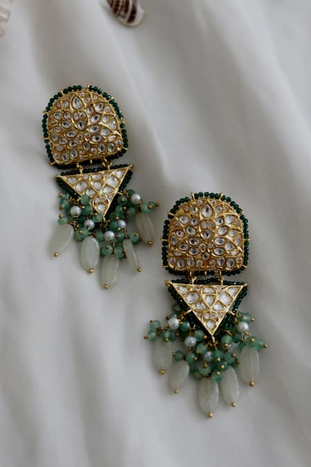 Shop Do Taara Green Stones, Diamonds Kundan Embellished Dangler Earrings at Aza Fashions Shop_Do Taara_Green Stones, Diamonds Kundan Embellished Dangler Earrings _at_Aza_Fashions