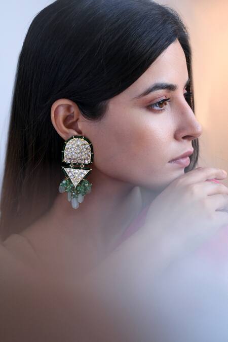 Do Taara Green Stones, Diamonds Kundan Embellished Dangler Earrings Online at Aza Fashions Do Taara_Green Stones, Diamonds Kundan Embellished Dangler Earrings _Online_at_Aza_Fashions