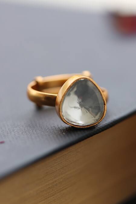Shop_Do Taara_Gold Plated Diamonds Polki Embellished Ring _at_Aza_Fashions