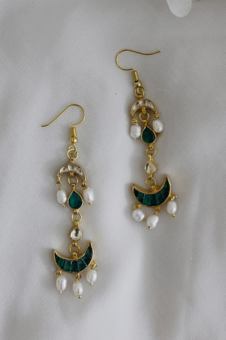 Shop Do Taara Green Pearls, Stones, Studs Crescent Moon Cutwork Earrings at Aza Fashions Shop_Do Taara_Green Pearls, Stones, Studs Crescent Moon Cutwork Earrings _at_Aza_Fashions