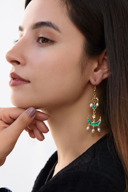Do Taara Green Pearls, Stones, Studs Crescent Moon Cutwork Earrings Online at Aza Fashions Do Taara_Green Pearls, Stones, Studs Crescent Moon Cutwork Earrings _Online_at_Aza_Fashions
