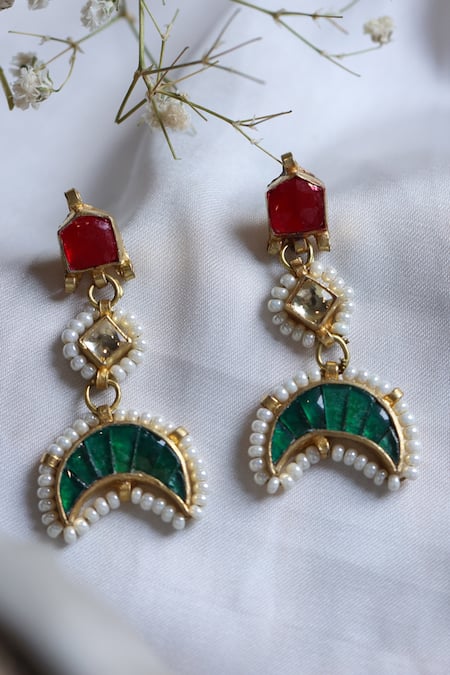 Shop Do Taara Green Pearls Crescent Moon Cutwork Dangler Earrings at Aza Fashions Shop_Do Taara_Green Pearls Crescent Moon Cutwork Dangler Earrings _at_Aza_Fashions