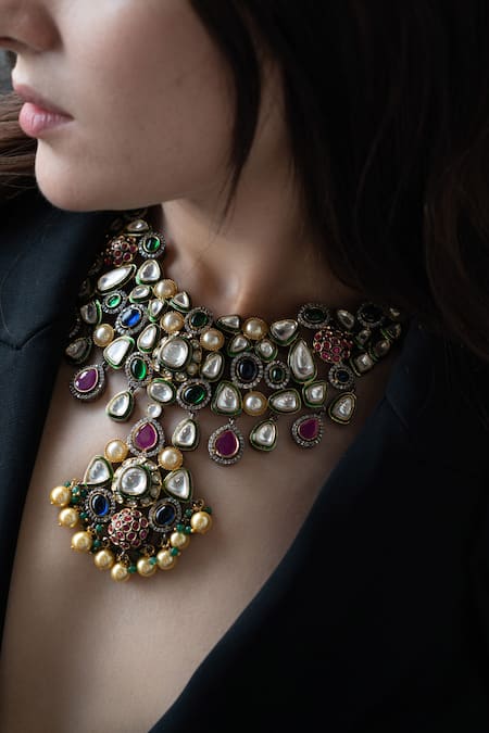 Do Taara_Multi Color Pearls, Stones Victorian Polki Embellished Choker Set _Online_at_Aza_Fashions