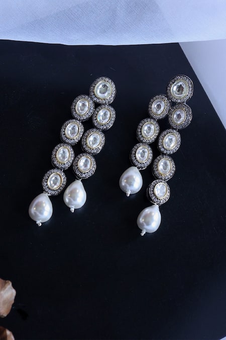 Shop Do Taara Silver Plated Pearls, Crystals, Diamonds Victorian Dangler Earrings at Aza Fashions Shop_Do Taara_Silver Plated Pearls, Crystals, Diamonds Victorian Dangler Earrings _at_Aza_Fashions