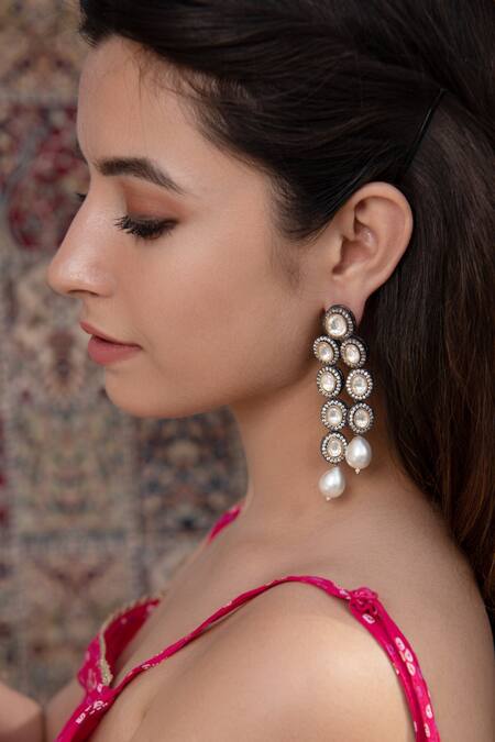 Do Taara Silver Plated Pearls, Crystals, Diamonds Victorian Dangler Earrings Online at Aza Fashions Do Taara_Silver Plated Pearls, Crystals, Diamonds Victorian Dangler Earrings _Online_at_Aza_Fashions