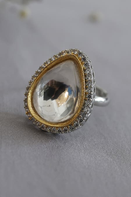 Shop Do Taara Silver Plated Imitation Diamonds Tear Drop Cutwork Ring at Aza Fashions Shop_Do Taara_Silver Plated Imitation Diamonds Tear Drop Cutwork Ring _at_Aza_Fashions