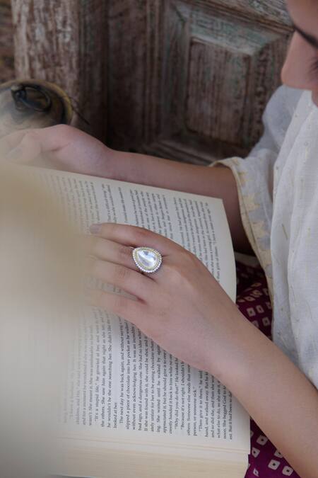 Do Taara Silver Plated Imitation Diamonds Tear Drop Cutwork Ring Online at Aza Fashions Do Taara_Silver Plated Imitation Diamonds Tear Drop Cutwork Ring _Online_at_Aza_Fashions