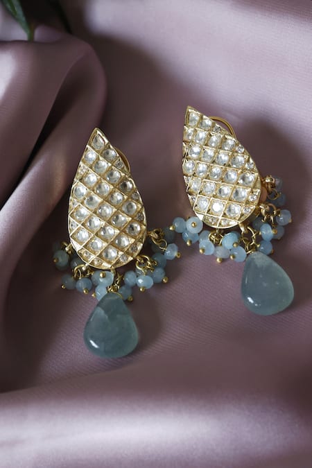 Shop Do Taara Gold Plated Stones Tear Drop Cutwork Earrings at Aza Fashions Shop_Do Taara_Gold Plated Stones Tear Drop Cutwork Earrings _at_Aza_Fashions