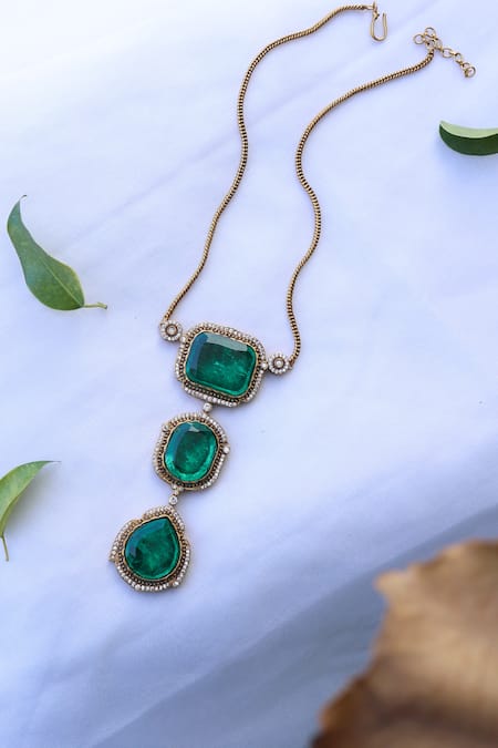 Shop_Do Taara_Green Victorian Swarovski Stone Pendant Necklace _at_Aza_Fashions