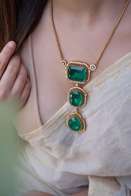 Do Taara_Green Victorian Swarovski Stone Pendant Necklace _Online_at_Aza_Fashions