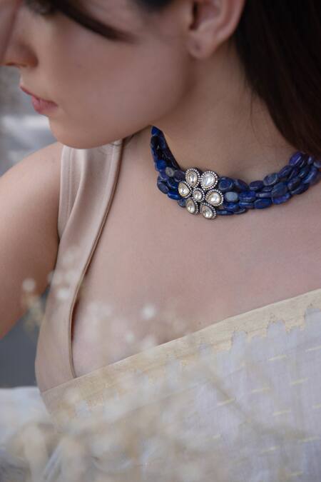 Do Taara Blue Victorian Floral Cutwork Choker Online at Aza Fashions Do Taara_Blue Victorian Floral Cutwork Choker _Online_at_Aza_Fashions