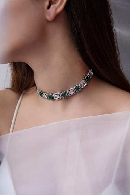 Do Taara_Green Crystal Embellished Victorian Necklace _Online_at_Aza_Fashions