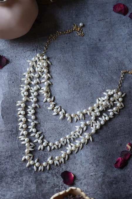 Shop Do Taara Gold Plated Pearl Embellished Layered Necklace at Aza Fashions Shop_Do Taara_Gold Plated Pearl Embellished Layered Necklace _at_Aza_Fashions