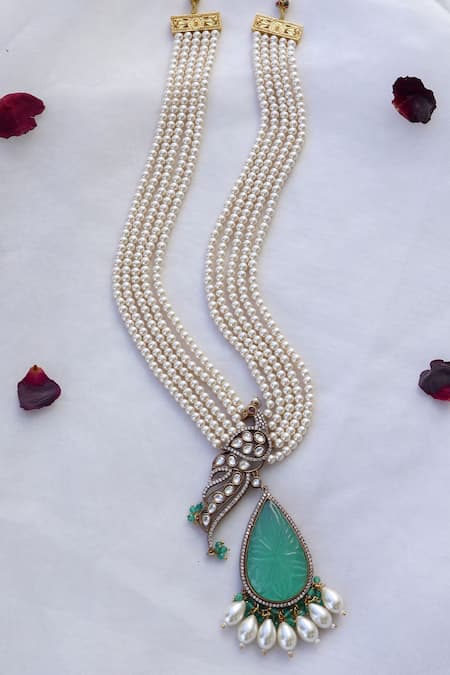 Shop Do Taara Blue Victorian Peacock Carved Long Necklace at Aza Fashions Shop_Do Taara_Blue Victorian Peacock Carved Long Necklace _at_Aza_Fashions