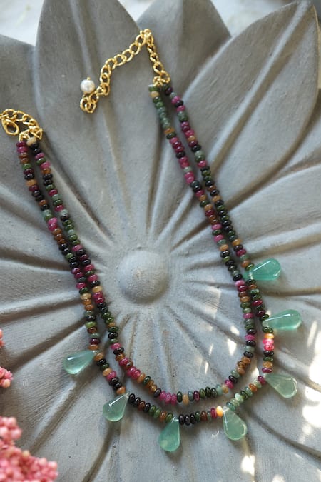 Shop Do Taara Multi Color Tourmaline And Fluorite Stone Embellished Necklace at Aza Fashions Shop_Do Taara_Multi Color Tourmaline And Fluorite Stone Embellished Necklace _at_Aza_Fashions