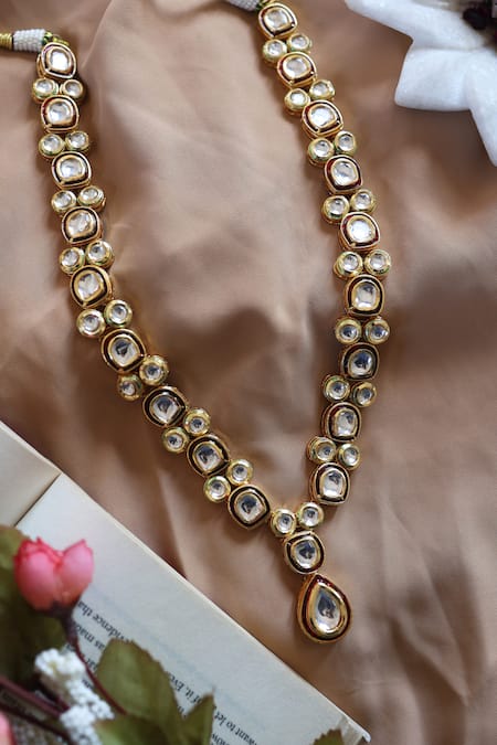 Shop_Do Taara_Gold Plated Gleaming Globule Kundan Polki Long Necklace _at_Aza_Fashions
