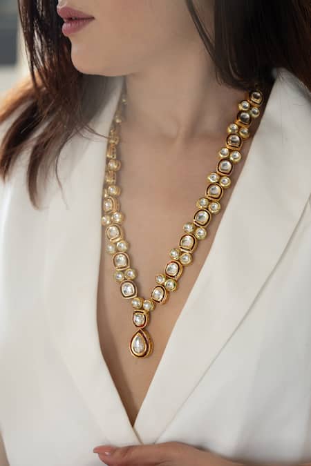 Do Taara_Gold Plated Gleaming Globule Kundan Polki Long Necklace _Online_at_Aza_Fashions
