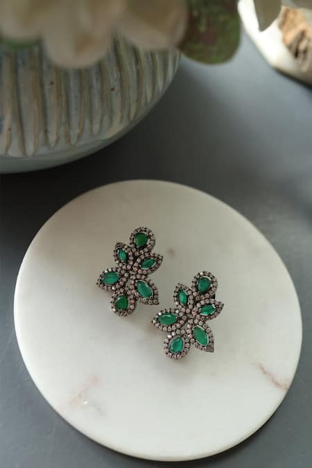 Shop_Do Taara_Green Cubic Zirconia Victorian Blossom Studs _at_Aza_Fashions