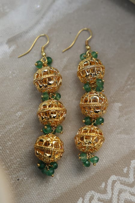 Shop Do Taara Green Stones Embosssed Spherical Danglers at Aza Fashions Shop_Do Taara_Green Stones Embosssed Spherical Danglers _at_Aza_Fashions