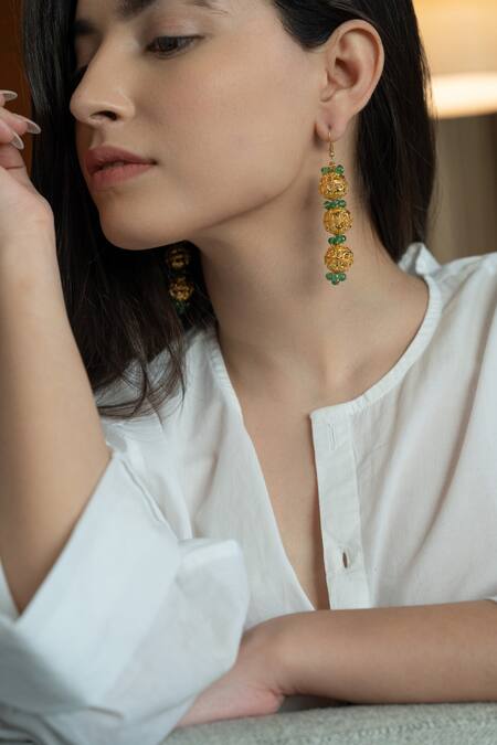 Do Taara Green Stones Embosssed Spherical Danglers Online at Aza Fashions Do Taara_Green Stones Embosssed Spherical Danglers _Online_at_Aza_Fashions