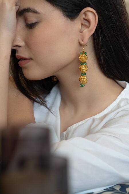 Buy Do Taara Green Stones Embosssed Spherical Danglers Online at Aza Fashions Buy_Do Taara_Green Stones Embosssed Spherical Danglers _Online_at_Aza_Fashions