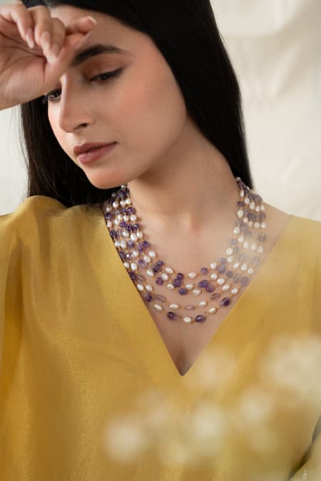 Do Taara Flourite Stone & Baroque Pearl Embellished Layered Long Necklace 