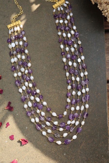 Shop Do Taara Purple Flourite Stone And Baroque Pearl Embellished Layered Long Necklace at Aza Fashions Shop_Do Taara_Purple Flourite Stone And Baroque Pearl Embellished Layered Long Necklace _at_Aza_Fashions