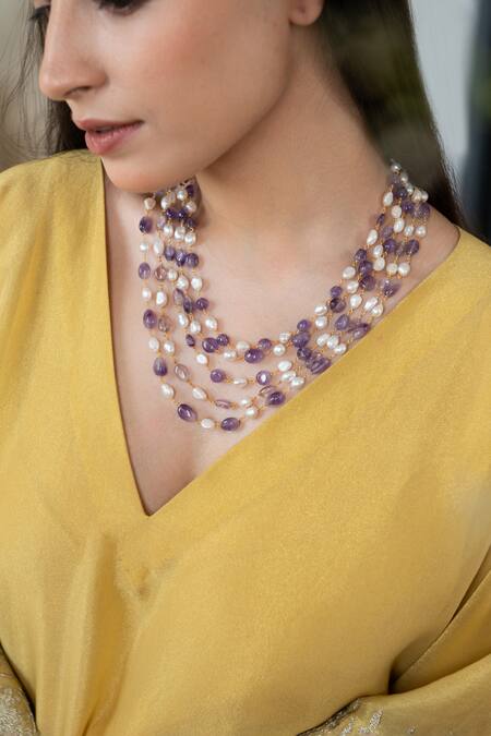 Do Taara Purple Flourite Stone And Baroque Pearl Embellished Layered Long Necklace Online at Aza Fashions Do Taara_Purple Flourite Stone And Baroque Pearl Embellished Layered Long Necklace _Online_at_Aza_Fashions