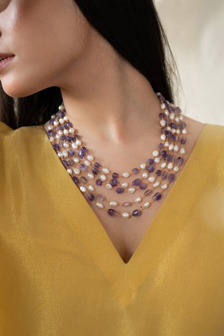 Shop Do Taara Purple Flourite Stone And Baroque Pearl Embellished Layered Long Necklace Online at Aza Fashions Shop_Do Taara_Purple Flourite Stone And Baroque Pearl Embellished Layered Long Necklace _Online_at_Aza_Fashions