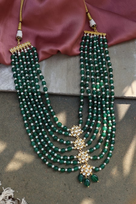 Shop Do Taara Green Kundan Bloom Stone Embellished Layered Necklace at Aza Fashions Shop_Do Taara_Green Kundan Bloom Stone Embellished Layered Necklace _at_Aza_Fashions