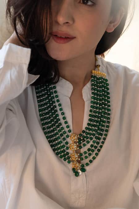Buy Do Taara Green Kundan Bloom Stone Embellished Layered Necklace Online at Aza Fashions Buy_Do Taara_Green Kundan Bloom Stone Embellished Layered Necklace _Online_at_Aza_Fashions