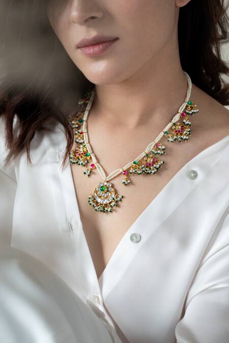 Do Taara_Multi Color Chand Nikhar Kundan Embellished Long Necklace _Online_at_Aza_Fashions