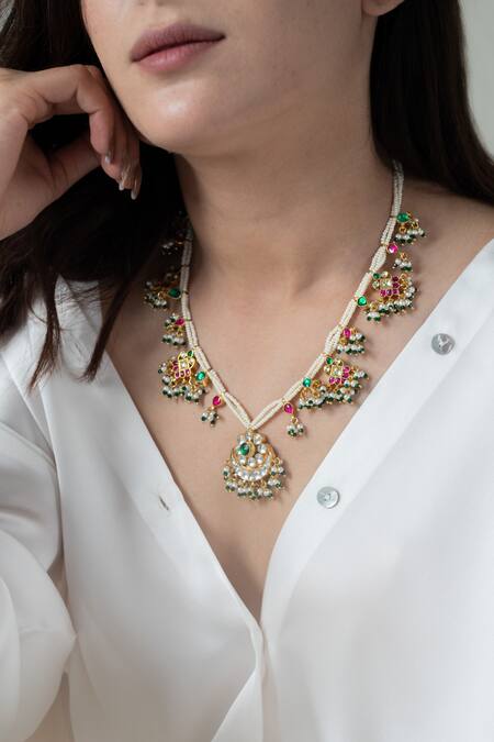 Buy_Do Taara_Multi Color Chand Nikhar Kundan Embellished Long Necklace _Online_at_Aza_Fashions