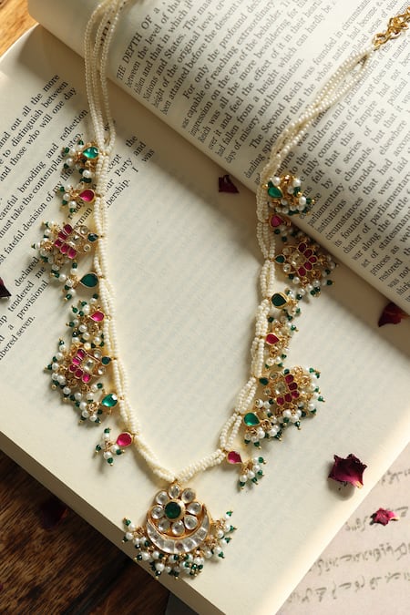 Shop_Do Taara_Multi Color Chand Nikhar Kundan Embellished Long Necklace _Online_at_Aza_Fashions