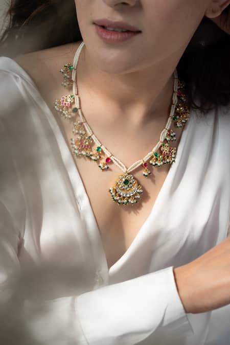 Do Taara_Multi Color Chand Nikhar Kundan Embellished Long Necklace _at_Aza_Fashions