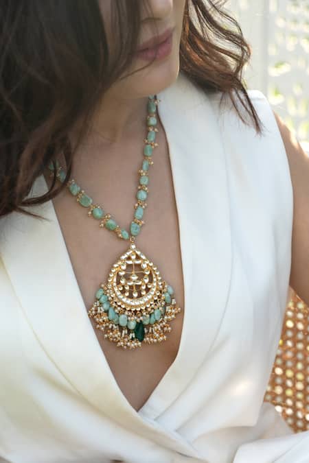 Shop Do Taara Green Peardrop Bloom Kundan And Stone Embellished Necklace Online at Aza Fashions Shop_Do Taara_Green Peardrop Bloom Kundan And Stone Embellished Necklace _Online_at_Aza_Fashions