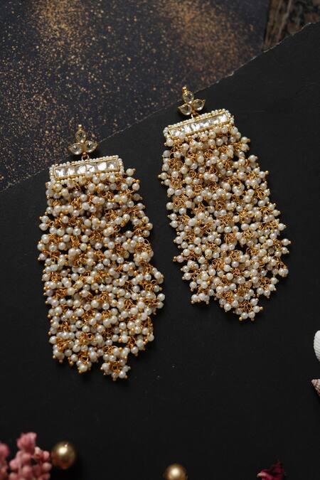 Shop Do Taara Gold Plated Gota Patti, Pearls Gulbahar Kundan And Shell Embellished Danglers at Aza Fashions Shop_Do Taara_Gold Plated Gota Patti, Pearls Gulbahar Kundan And Shell Embellished Danglers _at_Aza_Fashions