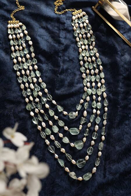 Shop Do Taara Green Baroque Pearls And Fluorite Stone Embellished Layered Necklace at Aza Fashions Shop_Do Taara_Green Baroque Pearls And Fluorite Stone Embellished Layered Necklace_at_Aza_Fashions