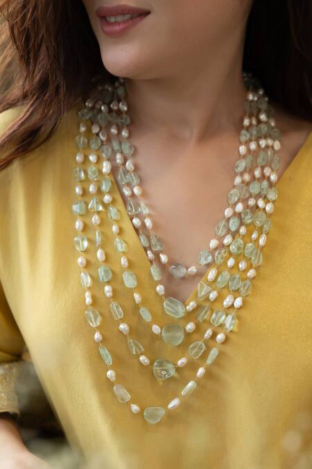 Do Taara Green Baroque Pearls And Fluorite Stone Embellished Layered Necklace Online at Aza Fashions Do Taara_Green Baroque Pearls And Fluorite Stone Embellished Layered Necklace_Online_at_Aza_Fashions